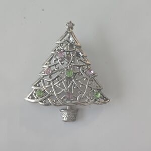 Festive Silver Brooch with Pink and Green Details